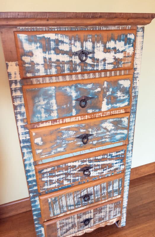 Original Reclaimed furniture with mixed wood at Hazel Tree Lodge