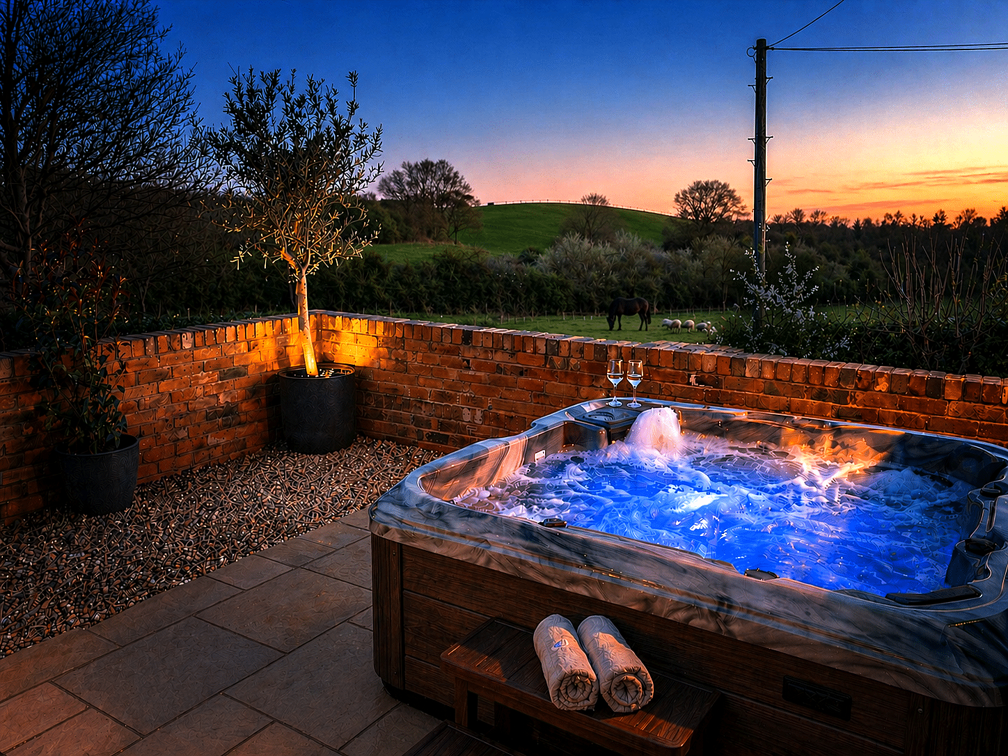 Private hot tub overlooking the countryside at Hazel Tree Lodge