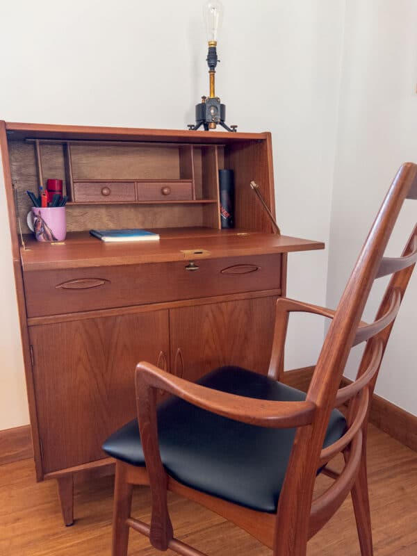 Jentique writing desk teak with Niels Koefoed chair interior lodge Derbyshire