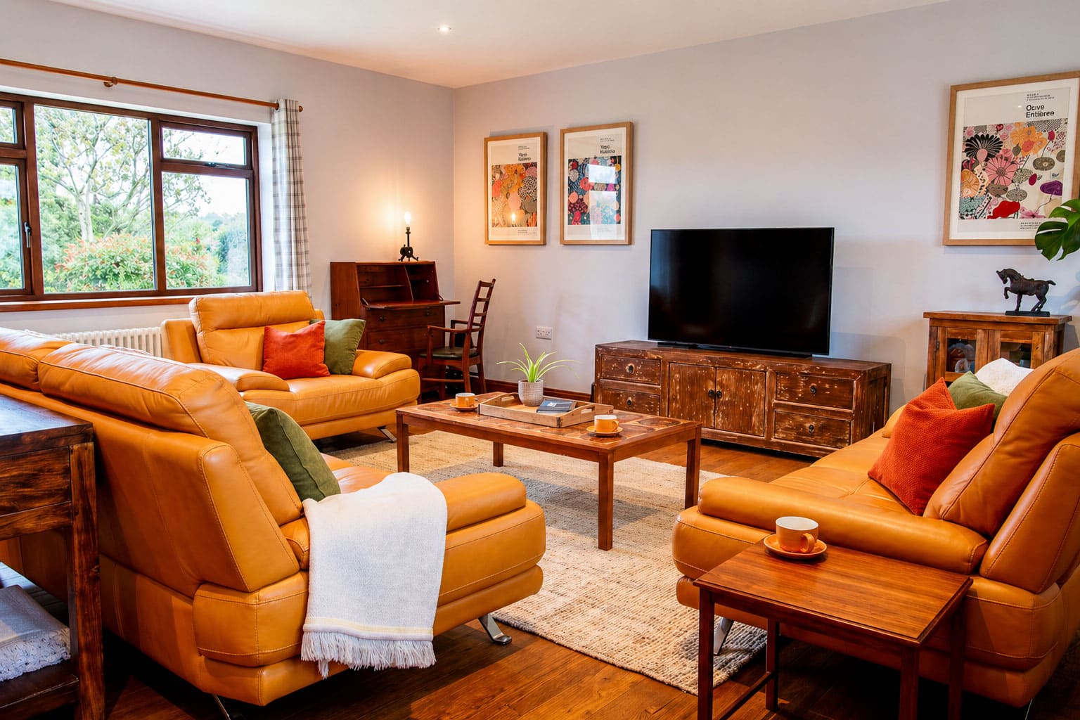 This spacious living room invites relaxation with three comfortable leather sofas and peaceful views over the fields in Derbyshire