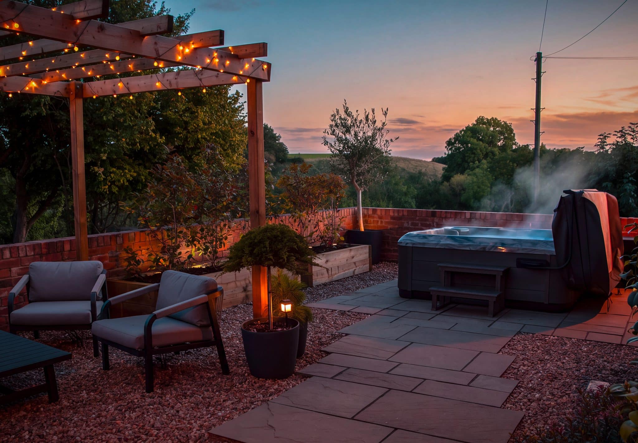 Private hot tub and patio at Hazel Tree Lodge under warm evening lights.