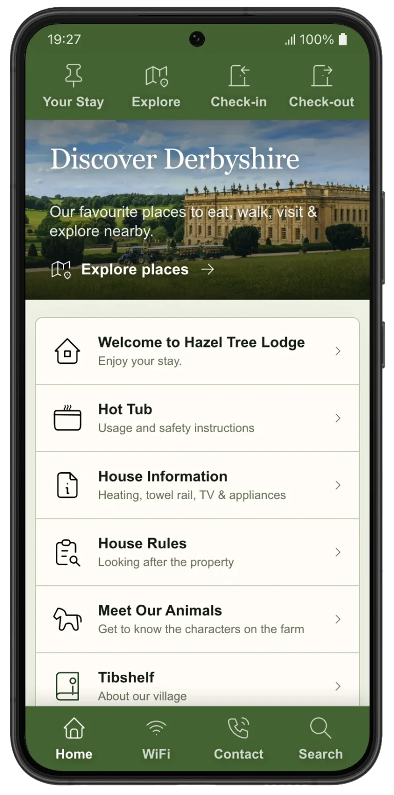 Hazel Tree Lodge HostyGuide home screen with stay information and ideas for exploring Derbyshire.