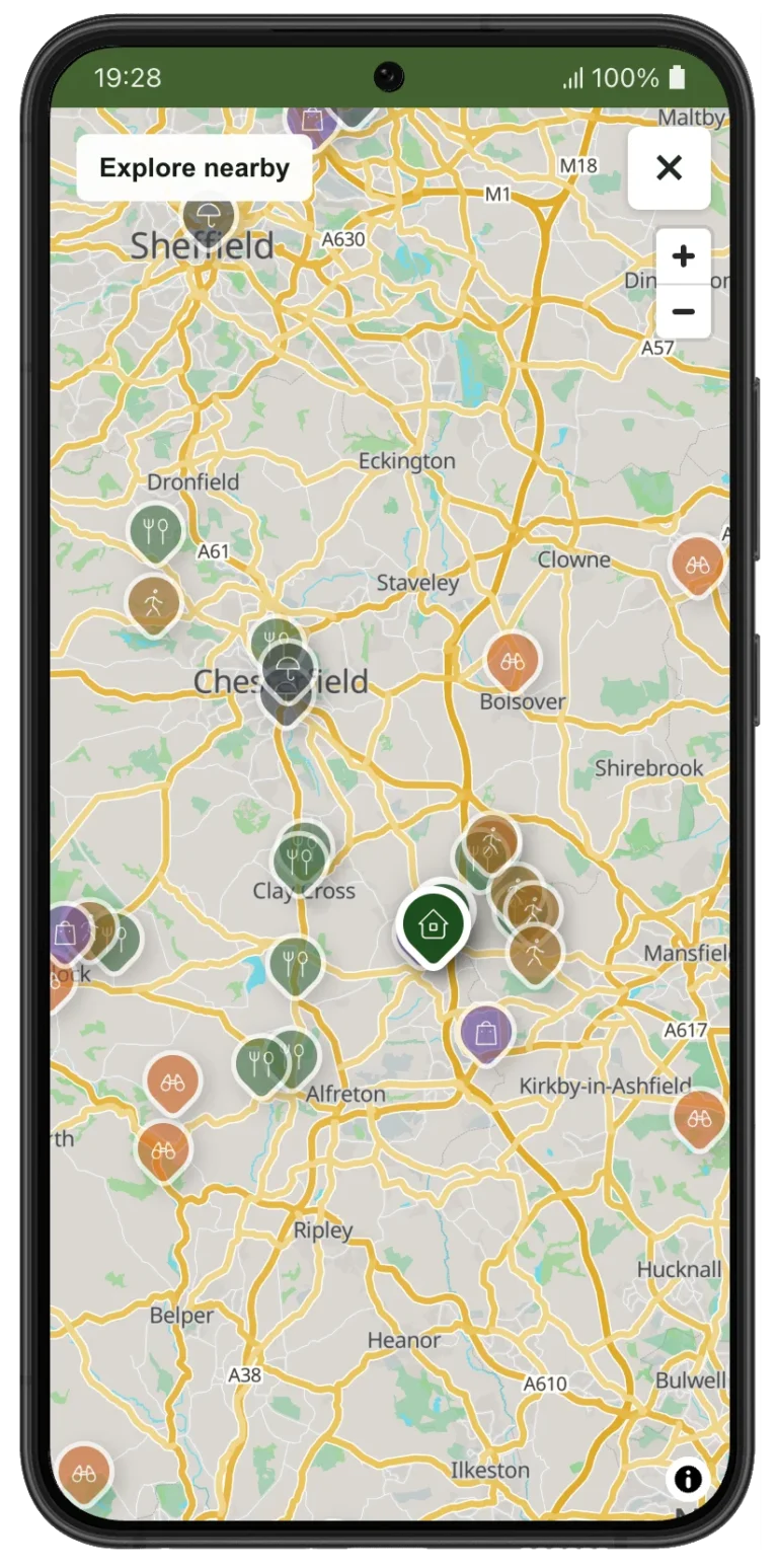 HostyGuide map showing Hazel Tree Lodge and nearby walks, attractions and places to eat.
