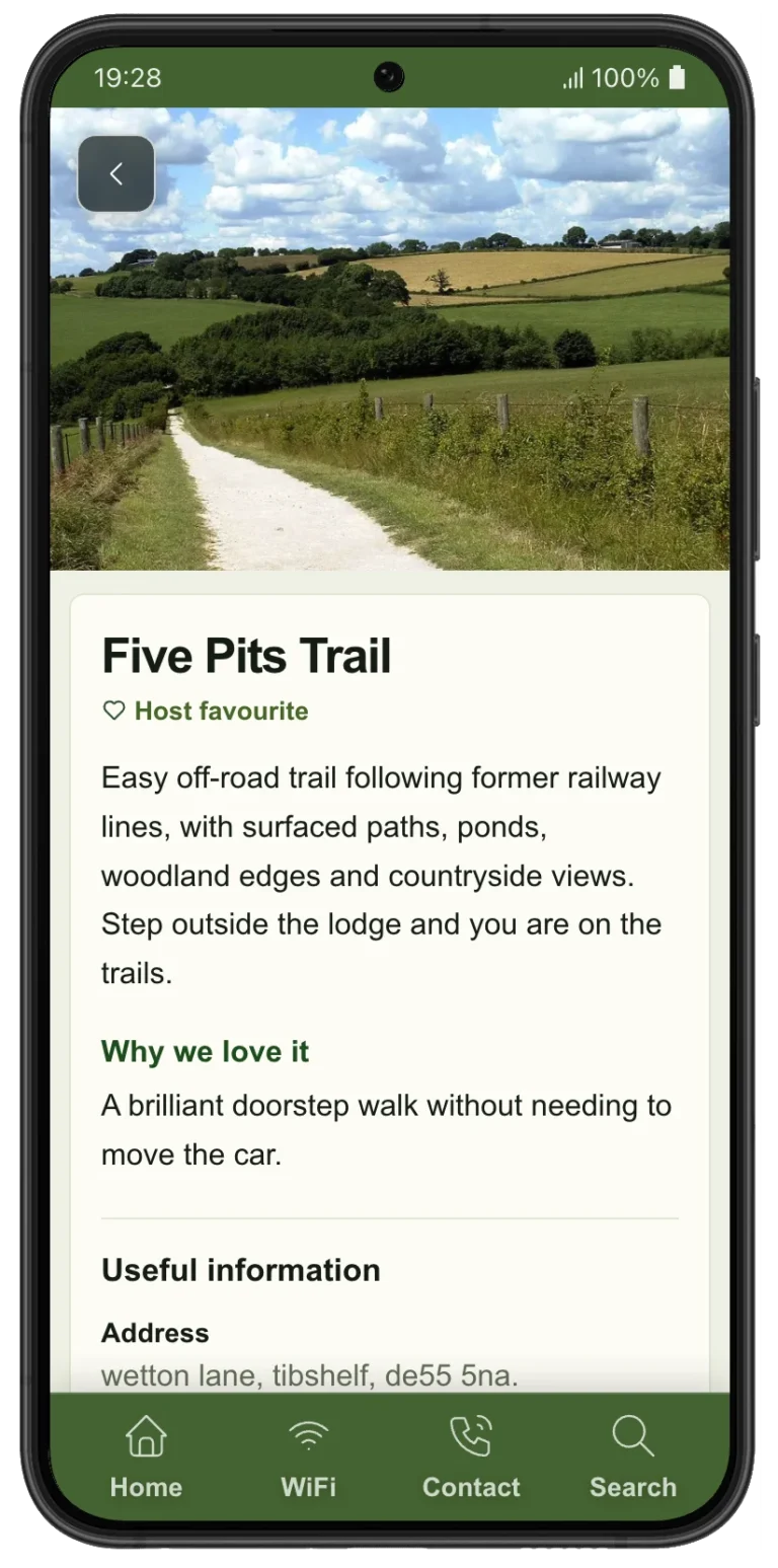 HostyGuide Five Pits Trail page showing countryside walks from the lodge.