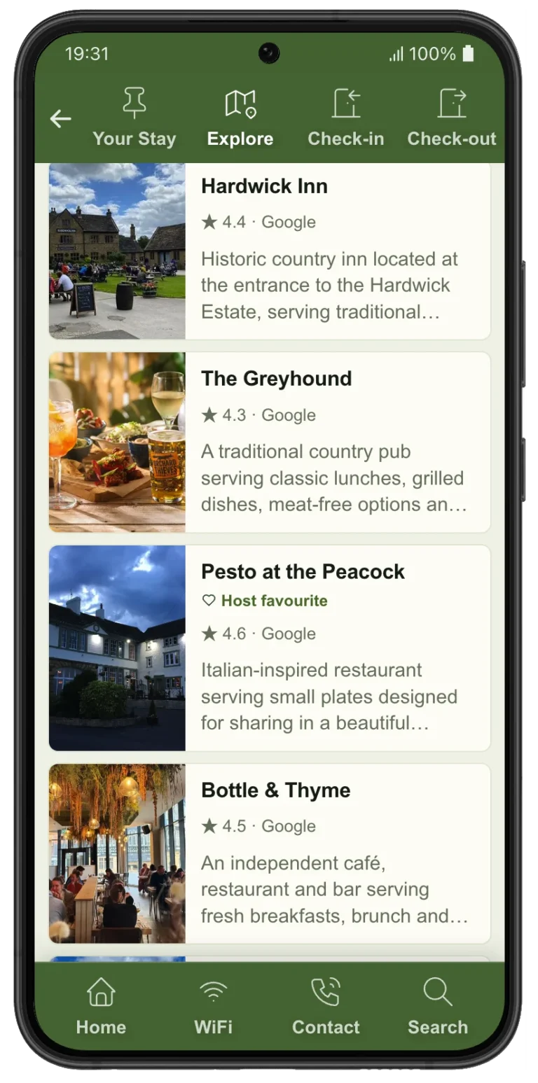 HostyGuide places to eat screen with nearby pubs and restaurants.