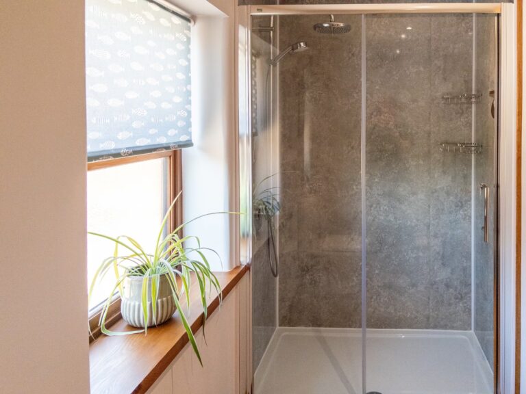 Walk-in shower with rainfall shower head beside a bright bathroom window